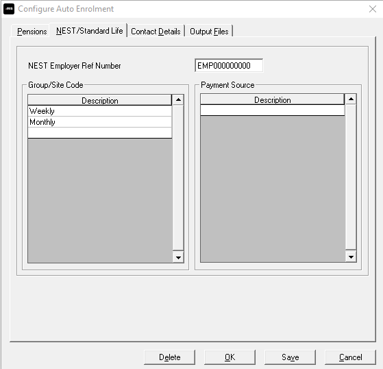 Configure Auto Enrolment - Nest/Standard Life tab screen fields